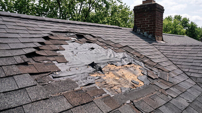 Missing asphalt shingles exposing bare underlayment on a storm damaged house roof