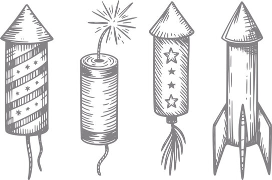 Una colecci&oacute;n de cohetes de fuegos artificiales y explosivos dibujados a mano de estilo vintage aislados sobre un fondo blanco