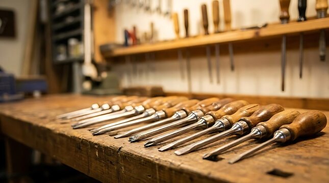 Row of woodworking chisels on wooden workbench.
