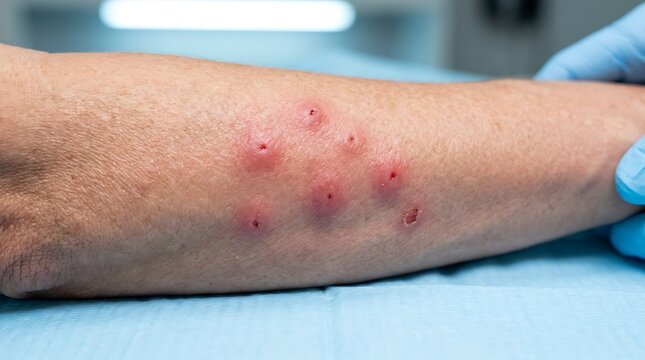 Medical examination of a human arm with multiple red skin lesions and sores.