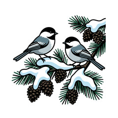 Chickadees on Snowy Pine Branch Vector Illustration © ACH STORE