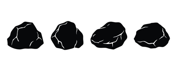 Set of four black silhouette icons of simple rounded stones with silhouettes isolated elements materials formation mountain backdrop © Siam