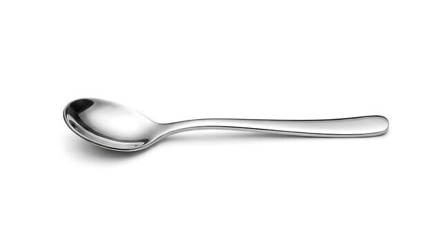 Single stainless steel teaspoon isolated on white background.