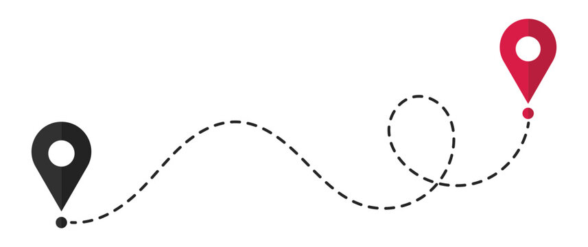 Travel route with location pins, dotted path and map marker vector icon. dot line path route travel banner. vector illustration