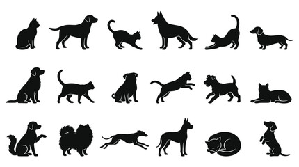 Obraz premium Detailed black vector illustration set featuring various silhouettes of domestic dogs and cats in motion
