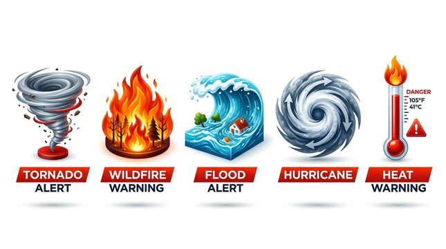 Natural disaster icons set featuring tornado, wildfire, flood, hurricane, and heat warning symbols representing severe weather events and emergency alerts