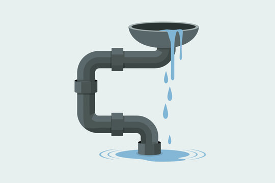 Una ilustraci&oacute;n plana de un sistema de tuber&iacute;as industriales con fugas y agua desbord&aacute;ndose desde un recipiente al suelo