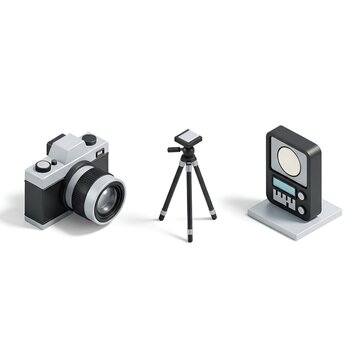 Photography equipment with camera tripod and lightmeter.