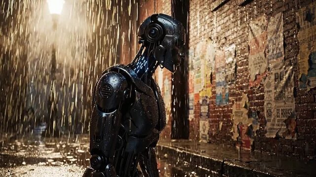 Robot kneeling in rain on wet street, looking down with street lamp illuminating brick wall covered in colorful posters and graffiti in urban alleyway at night