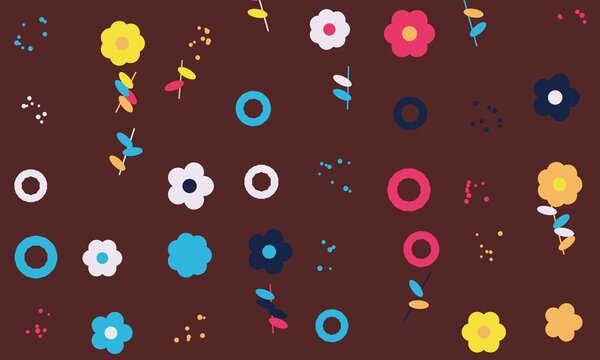 Colorful flat flower pattern on a dark red background