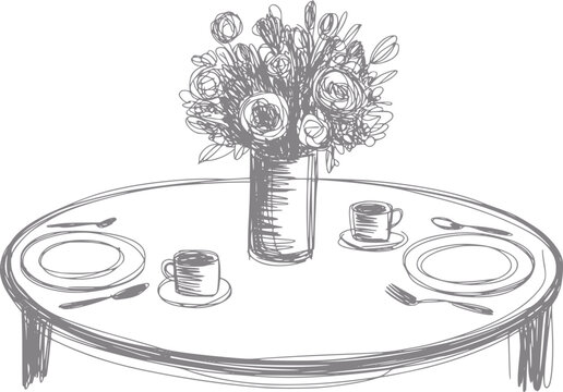 Un dibujo a mano de una mesa de comedor redonda preparada para dos con un ramo de flores en un jarr&oacute;n central