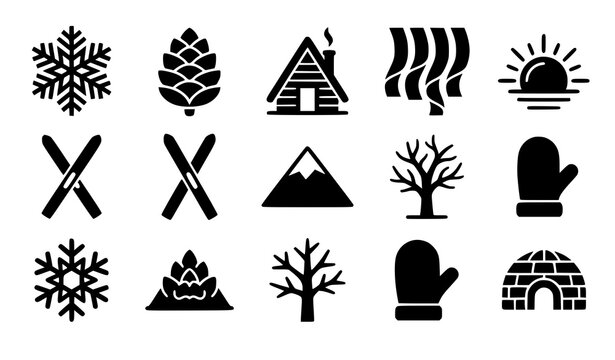 Set of black winter icons featuring snowflakes cabin mountain skis trees mittens and igloo for seasonal holiday design projects
