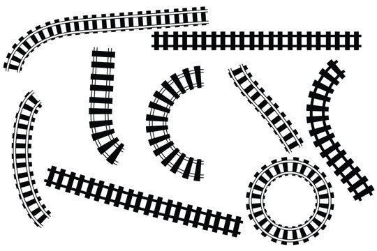 Set of railroad segment. rail road elements top view. train track straight and wavy lines, circle and oval frames isolated on white background.