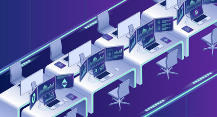 Fototapeta premium Fintech Trading Floor with Cryptocurrency Analytics Displays