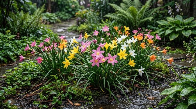 Vibrant rain lilies blooming in lush garden. Colorful Zephyranthes flowers thriving in natural outdoor setting.