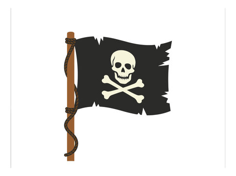 Cartoon illustration of jolly roger pirate flag depicting skull and crossbones on wooden pole for adventure and Halloween design