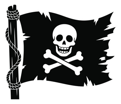 Woodcut illustration of a Jolly Roger pirate flag depicting skull and crossbones on a pole for adventure and Halloween design