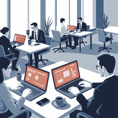 Fototapeta premium Startup Office Team Working on Laptops in Collaborative Workspace