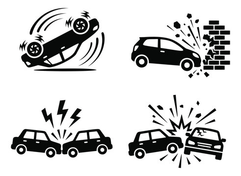 Silhouette icon set of 4 car crash scenarios featuring rollover, wall collision and vehicle impact for automotive and insurance design