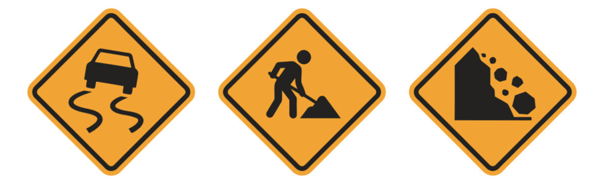 Flat icon set of 3 road warning signs featuring slippery road, construction worker and falling rocks for traffic design