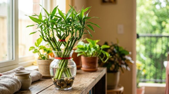 Indoor potted lucky bamboo plant in clear water vase. Green houseplant decor for home or office wellness and feng shui design.