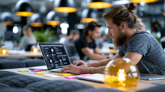 Mann mit Dutt arbeitet konzentriert am Laptop mit Diagrammen im B&uuml;ro