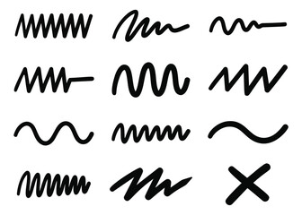 Plakat Hand drawn icon set of 12 wavy lines featuring zigzag squiggly and curved strokes for doodle and pattern design