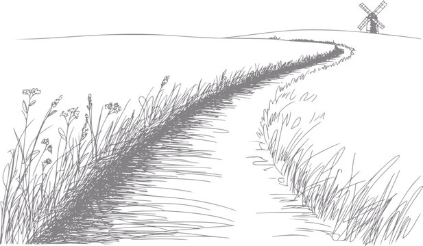 Dibujo a mano de un sendero serpenteante a trav&eacute;s de un prado de hierba que conduce hacia un molino de viento lejano en una colina