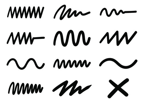 Hand drawn icon set of 12 wavy lines featuring zigzag squiggly and curved strokes for doodle and pattern design