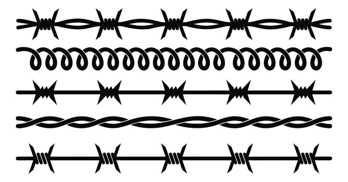 Silhouette set of 5 barbed wire borders featuring twisted strands, razor points and spiral coil styles for security and military design