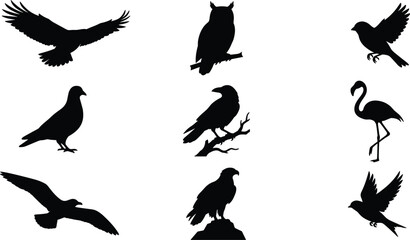 Obraz premium Black Birds Silhouette Icon Set Featuring Flying and Perching Avian Species like Eagle Owl Raven Pigeon Seagull and Flamingo Vector Designs