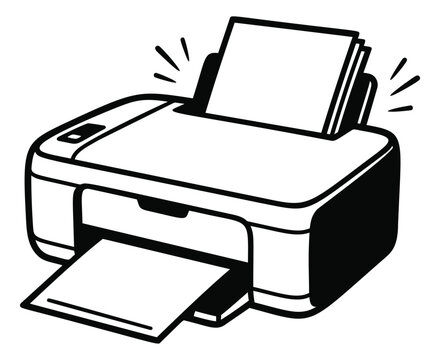 Cartoon illustration of a desktop printer depicting paper jam with action lines for office and technology design