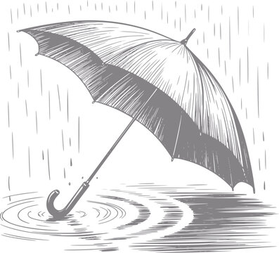 Un dibujo a mano de un paraguas abierto protegiendo contra la lluvia intensa que cae en un charco en el suelo