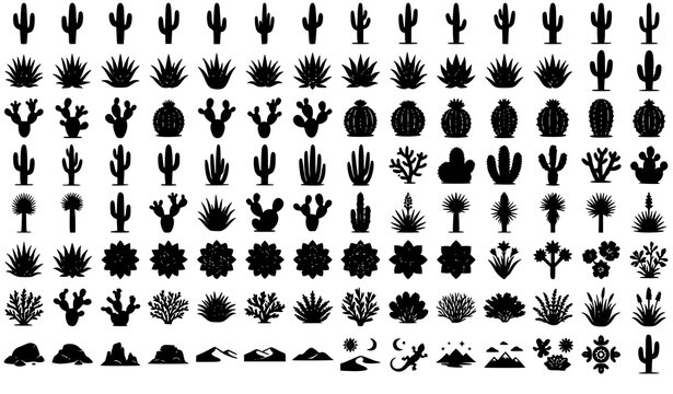 Desert Botanical Silhouette Vector Bundle with Saguaro Agave Aloe Vera and Barrel Cacti