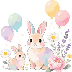 Fototapeta premium Created on Watercolor illustration features Adorable Rabbits, Balloons, and Flowers with vector art on white background