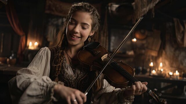 Smiling medieval violinist candlelit tavern, wearing lace blouse braided hair