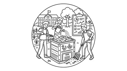 Obraz premium Minimalist Black and White of School Composting Project with Educational Data Tracking with high quality professional line art symbols for modern creative design and digital branding projects