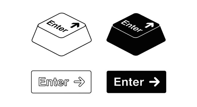 Vector illustration of enter key and button icons with arrow in outline and solid style on a transparent background