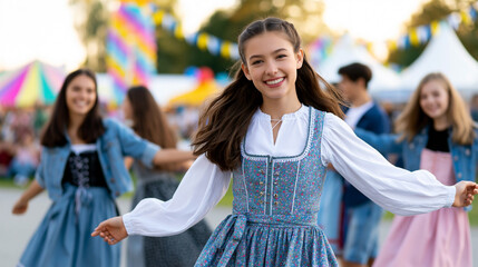 Obraz premium Smiling young woman dancing in traditional dirndl dress with friends at colorful outdoor bavarian folk festival