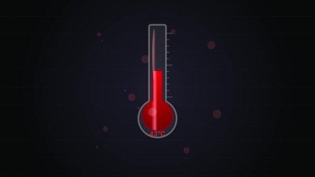 Digital thermometer shows rising temperature on dark background with particles.