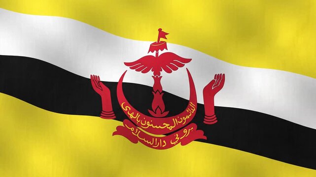 The national flag of Brunei waves gently in the breeze with its distinct yellow, white, and black diagonal stripes and central emblem.