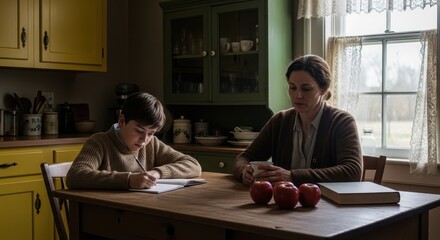 Fototapeta premium Young Boy Doing Homework at Kitchen Table with Mother Watching in a Rustic Vintage Home Setting