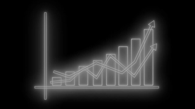 Neon-style glowing bar chart on black background with axes and three trend arrows overlay animation
