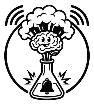 Cartoon illustration of an exploding brain in a flask depicting a mind blowing science concept for education and creativity design