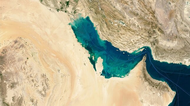 Satellite view of the persian gulf showing the arabian peninsula and the surrounding desert landscape captured from high above the earth surface