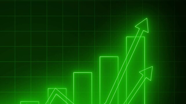 Neon-style glowing bar chart on black background with axes and three trend arrows overlay animation