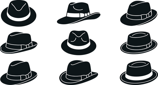 Classic Men Fedora and Trilby Hat Silhouette Icon Set with Vintage Gentleman Headwear Designs for Fashion Retail, Tailoring Shops, and Retro Graphic Styling Elements
