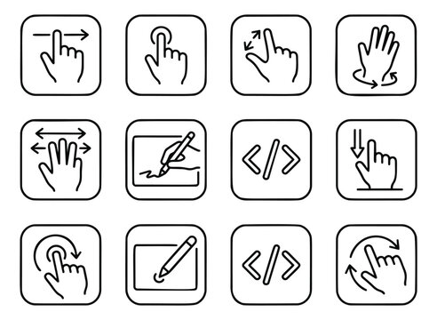 Outline icon set of 12 touch gesture symbols featuring hand swipe, tap, stylus, coding and multitouch actions for ui design