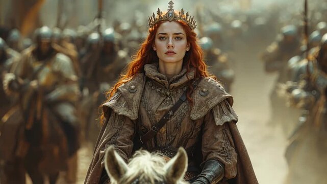 Regal warrior queen rides white horse through dusty medieval battlefield