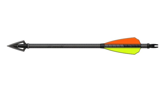 Carbon fiber arrow with vibrant fletching ready to fly. High-performance archery bolt featuring precision vanes and aerodynamic design.
